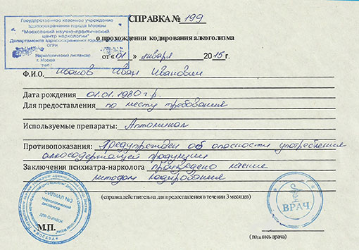 Справка о кодировании от алкоголизма 